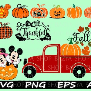 May include: A collection of fall-themed digital designs featuring pumpkins, Mickey and Minnie Mouse, and a red truck. The designs include the words "Thankful" and "Fall", and the phrase "Cutest Pumpkin in the Patch".