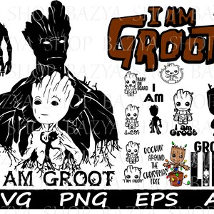 May include: Black and white graphic featuring Groot from Guardians of the Galaxy. The design includes multiple Groot illustrations, the phrase "I AM GROOT," and file type labels like SVG and PNG. A fun design for fans.