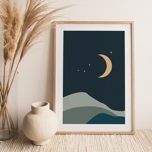Impresión de arte lunar, arte celestial, arte mural moderno con escenas nocturnas, decoración de pared minimalista, arte mural para habitación infantil, póster de arte abstracto, arte natural