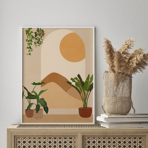 Modern Mid Century Art, Boho Wall Art, Earthy Tone Art, Terracotta Print, Burnt Orange, Plant Gift for Mom, Sunset Art Print, Kitchen Print