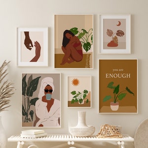 Mädchen Kunstdruck-Set von 6 - Terrakotta Boho-Wanddekor, botanische Monstera-Drucke, Frau Empowerment Art, You Are Enough Inspirational Zitate
