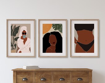 African Woman Art Set of 3, Boho Black Girl Wall Art, Afro Curvy Female Posters, African American Woman Print, Brown Female Digital Download