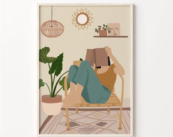 Printable Art, Girl Reading Print, Boho Woman illustration, Woman Print, Book Lover Art, Modern Mid Century Art, Bedroom Decor, Modern Print