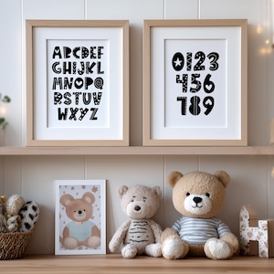 Alphabet und Zahlen 2er Set - Schwarz weiß Lernposter für Kinderzimmer, Digitaler Download Kinderzimmer Wandkunst für Jungen Spielzimmer