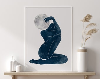 Abstract Woman Art, Moon Wall Print, Moon Goddess Art, Modern Wall Art, Goddess Wall Print, Celestial Female, Minimalist Art, Boho Woman Art