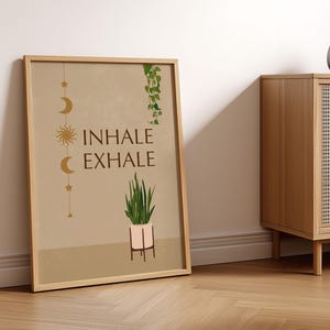 Inhale Exhale Print, Boho Yoga Quote Wall Art, Terracotta Celestial Poster, Botanical Bedroom Decor, Mid Century Modern Printable Art