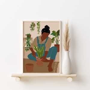 African Girl Art, Plant Lover Gift, Black Woman Art, African Print, Black Girl Wall Art, African American, Modern Mid Century, Indoor Plants