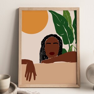 Black Girl Abstract Art Print, African Woman Boho Poster, Burnt Orange Digital Wall Art, Afro Hair Locks, African American Printable Decor