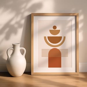Arte mural moderno de mediados de siglo: Impresión de formas abstractas de terracota bohemia, descarga digital en naranja quemado, decoración minimalista para dormitorio en tonos tierra