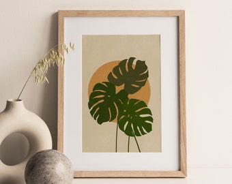 Arte mural de monstera, regalo de planta para mamá, arte mural botánico, impresión de atardecer, arte abstracto, arte bohemio, impresión de cocina, arte de terracota, planta de interior