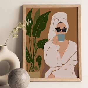 Modern Woman Wall Art, Coffee Lover Gift, Abstract Female Print, Earthy Tone Print, Boho Girl Wall Decor, Mid Century Art Print, Girl Print