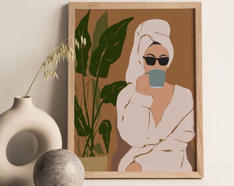Modern Woman Wall Art, Coffee Lover Gift, Abstract Female Print, Earthy Tone Print, Boho Girl Wall Decor, Mid Century Art Print, Girl Print