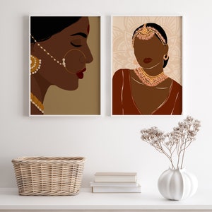 Indian Woman Art, Set of 2, Woman Print, Indian Bride Art, Mid Century Wall Art, Woman Empowerment, Indian Girl, Female Portrait, Brown Girl