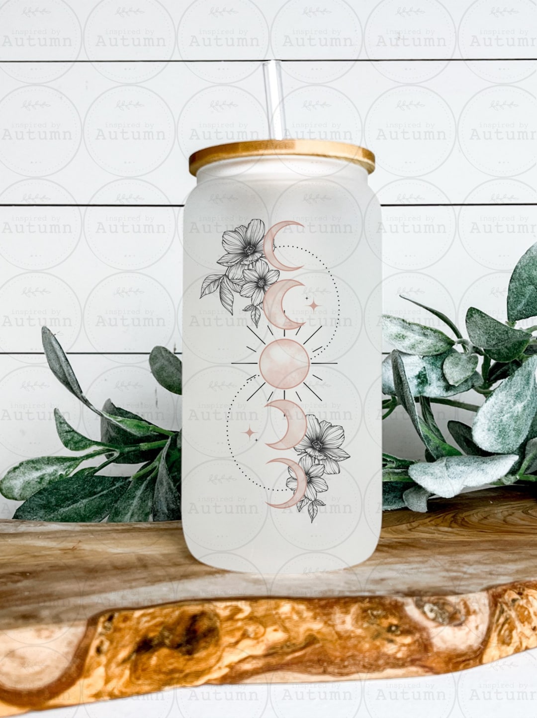 16oz Glass Can Tumbler Moon Phases Just A Phase Floral Iced Coffee ...