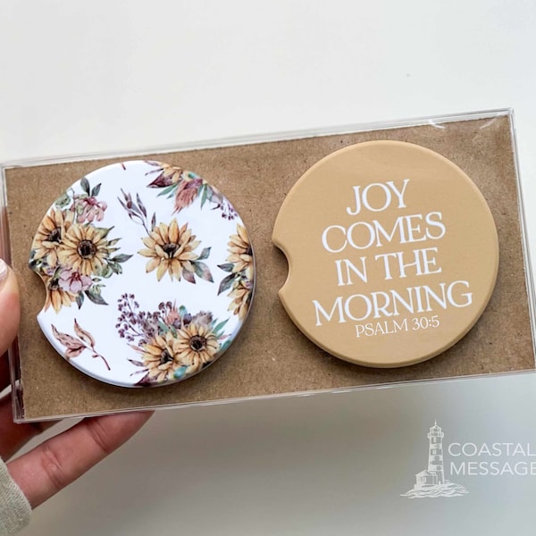 Sunflower Car Coasters Set of 2, Joy Comes In The Morning, Psalm Bible Verse, Car Cup Holder, Christian Car Decor, Car Accessories for Women