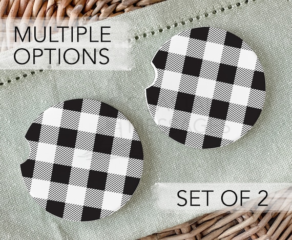 Buffalo Plaid Car Coaster Set, Black and White Check (Set of 2)