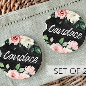 Personalized Car Coasters Set of 2, Custom Floral Name Car Coasters, Cute Flower Car Cup Holder, Car Accessories For Women, New Car Decor