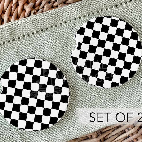 Checkered Car Coasters Set of 2, Black and White, Racing Flag, Car Cup Coaster, Car Cup Holder, Cool New Car Accessories, Checkered Decor