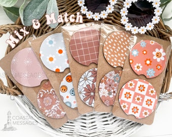 Boho biltillbehör, smiley face bilunderlägg set om 2, retro mugghållare, blommig present till kvinnor, vintage bildekoration födelsedagspresent, 70-talsstämning