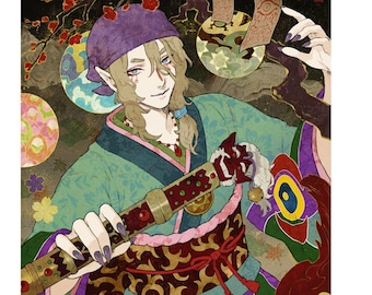 May include: A colourful illustration of a person in a traditional Japanese outfit holding a sword. The person has long, flowing hair and is wearing a purple bandana. The background is a dark red and features a wolf with glowing eyes.