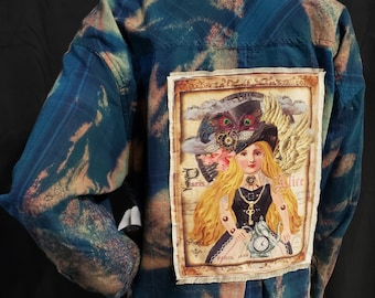 Alice in Wonderland Reimagined Upcycled Bleach-Dyed Flannel Shirt Shacket