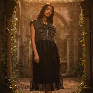 May include: A sleeveless denim jacket over a black lace dress. The model is wearing a silver necklace with a cross pendant and black boots. The background features an old stone structure with arches and climbing vines, bathed in warm sunlight.