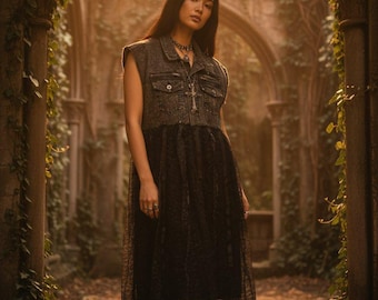 Upcycled Re-Imagined Long Denim & Lace Western Boho Duster Black Apple Jacket Blended with Vintage Lace Custom Backpatch Glitter Fits Sm/Lg