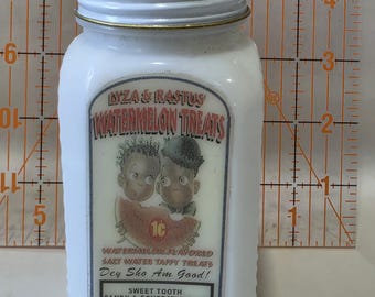Vintage Milk Glass Candy Jar, Sweet Tooth Candy Co. Reproduction Label (Mid 20th Century)