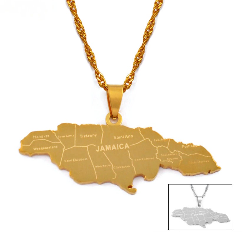 18k Gold Plated Jamaica Map With Cities Pendant Necklace Etsy Ireland