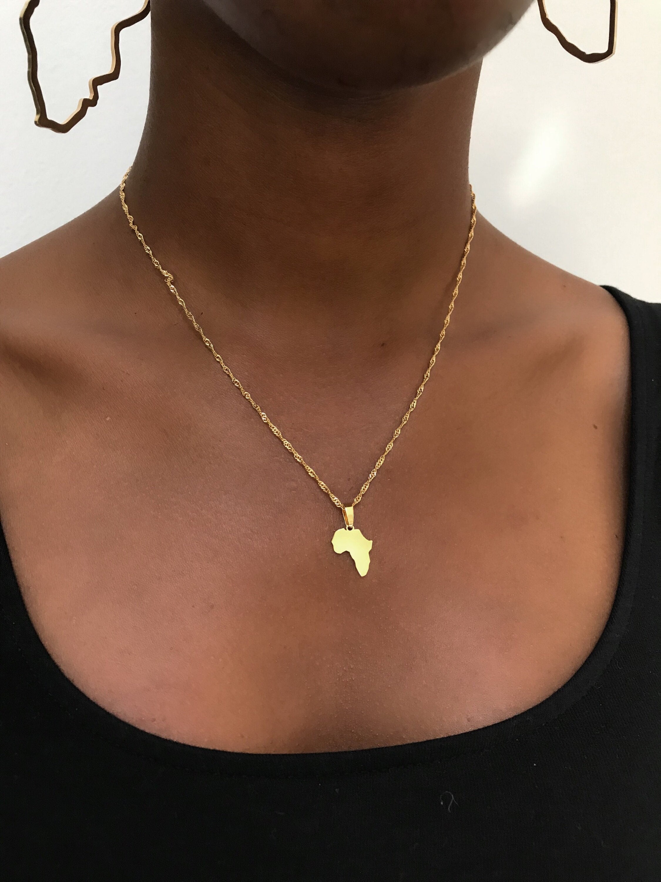 Fist Power in Pan African Colored Africa Map Pendant 18,20,22,24 Various Chain Necklace in Gold Tone Fist Power in Pan African Colored Africa Map Pendant 18,20,22,24 Various Chain Necklace in Gold Tone