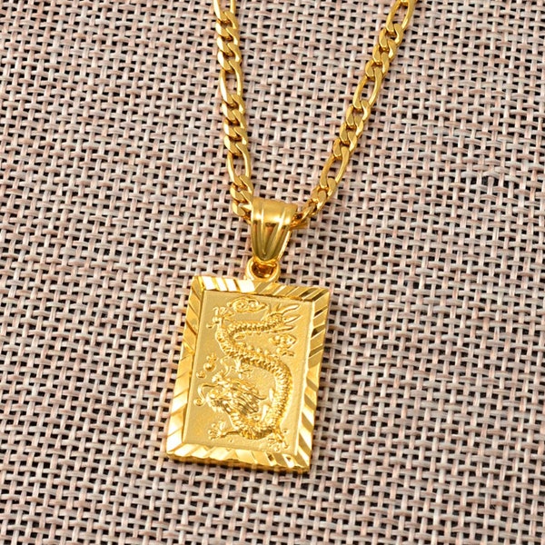 18 Inch Gold Dragon Pendant Necklace - Cubic Zirconia, Brass Base, Cable Chain
