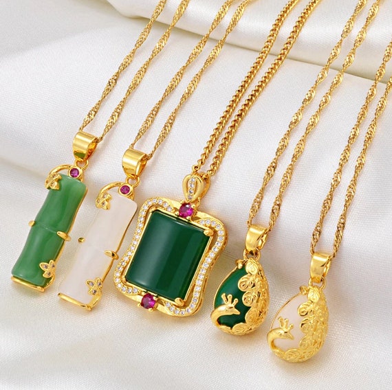 18K Gold Plated Jade Stone Bamboo 