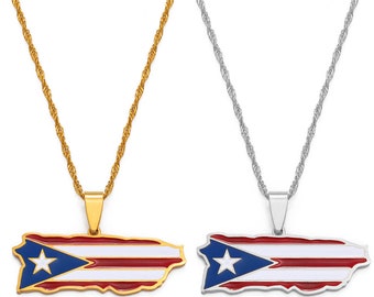 Puerto Rico Flag Glass Pendant Necklace Handmade Half Pendant Rectangle Necklace For Women Men Gift 