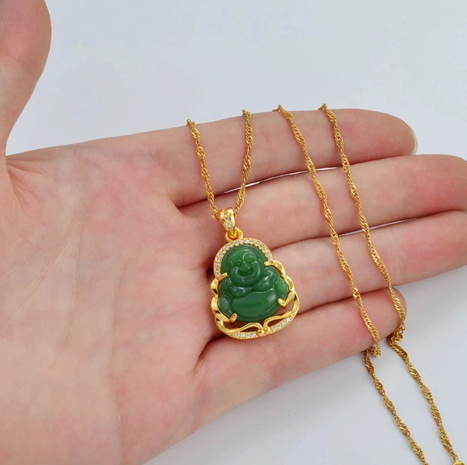 Jade Buddha Pendant Necklace / 18K Gold Plated Chinese Style Etsy