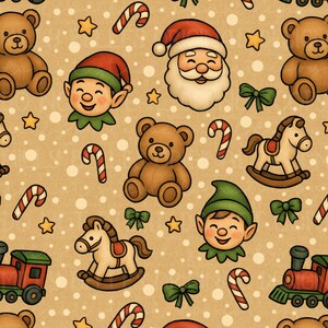 May include: A repeating pattern of Christmas-themed illustrations on a tan background. The design includes Santa Claus, elves, teddy bears, rocking horses, candy canes, stars, green bows, and a red train. The illustrations have a cartoon style.