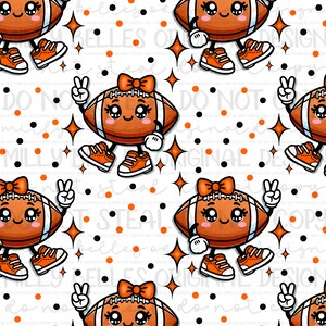 May include: A seamless pattern featuring a cartoon football with a bow, wearing orange sneakers and making a peace sign. The background is white with orange, black, and white polka dots and stars.