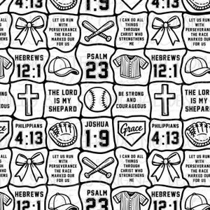 May include: Black and white seamless pattern featuring religious and sports-themed illustrations. Includes baseballs, baseball jerseys, crosses, baseball gloves, and text such as "Hebrews 12:1", "Psalm 23", and "Grace".