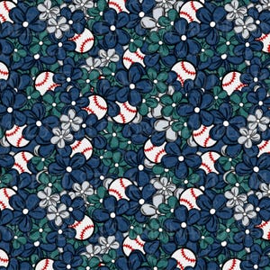 May include: A seamless pattern featuring baseballs interspersed among blue, green, and gray flowers. The baseballs have red stitching and white panels. The flowers have a stylized, hand-drawn appearance, creating a playful and sporty design.