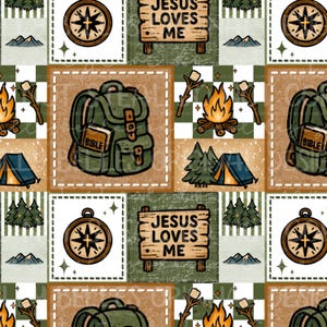 May include: A repeating pattern featuring camping-themed illustrations. The design includes a green backpack with a Bible, a campfire, a compass, a tent, and a sign that reads "JESUS LOVES ME". The color palette consists of greens, browns, and tans.