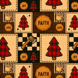 Puede incluir: Patrón repetido con un diseño de patchwork y un tema rústico. Presenta árboles de Navidad a cuadros rojos y negros, tazas de café, hachas y discos de madera con las palabras "ALEGRÍA", "AMOR" y "FE".
