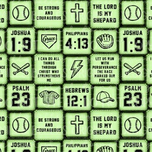 Puede incluir: Patrón repetitivo de cuadrados verde claro con gráficos temáticos de béisbol y texto inspirador. Cada cuadrado presenta una pelota de béisbol, una cruz o un artículo relacionado con el béisbol, junto con versículos bíblicos y frases motivadoras. Ideal para los fanáticos del deporte.