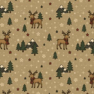 May include: A repeating pattern featuring reindeer wearing red plaid scarves, green pine trees, white-capped mountains, red stars, snowflakes, and sparkling stars on a tan background. This design evokes a winter or Christmas theme.