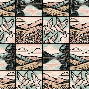 Könnte beinhalten: Ein sich wiederholendes Muster mit Landschaftsszenen, Tauben, Blumen und sanften Hügeln. Die Farbpalette umfasst Hellblau, Pfirsich, Beige und Schwarz. Das Design erinnert an einen Holzschnitt.