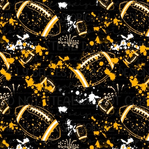 May include: A seamless pattern featuring yellow and white footballs on a black background with yellow and white paint splatters. The pattern is perfect for fabric, wallpaper, or other creative projects.
