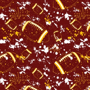 May include: Seamless pattern featuring footballs in shades of gold and white against a deep burgundy background. The design includes footballs, play diagrams, and white paint splatters, creating a dynamic and sporty aesthetic.