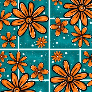 May include: A seamless pattern featuring orange flowers with black outlines on a teal background with white stars.