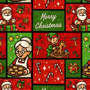 May include: A festive Christmas-themed pattern featuring Santa Claus, Mrs. Claus, elves, gifts, candy canes, and the text "Merry Christmas." The design incorporates red and green blocks with cartoon illustrations, perfect for holiday crafts.