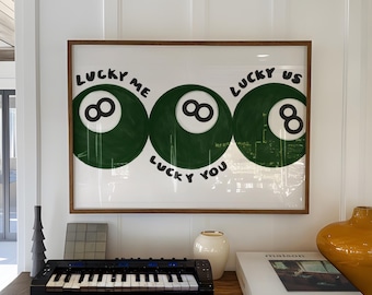 Lucky 8 Ball Wall Print, Green Retro Billiards Typography Print