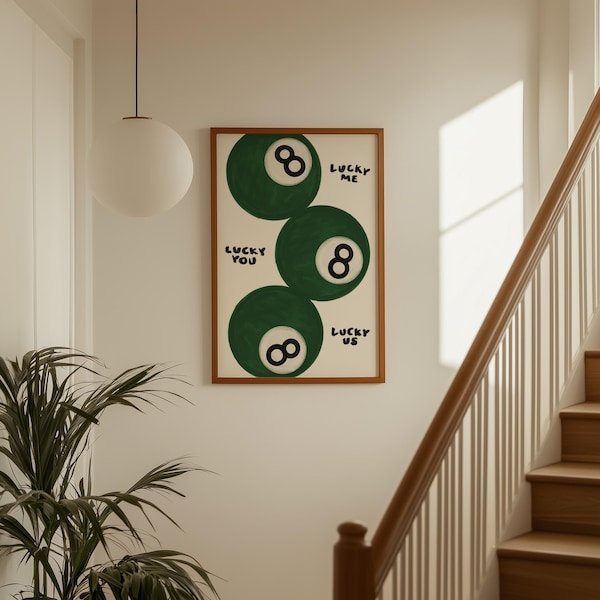 Stampa artistica 8 Ball Trio – Decorazione murale retrò Lucky Us (download digitale)