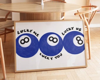 Lucky 8 Ball Art Print, Blue Retro Billiards Decor
